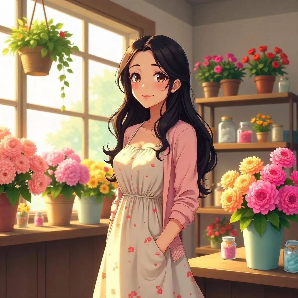 Latina Woman in an Anime Flower Shop