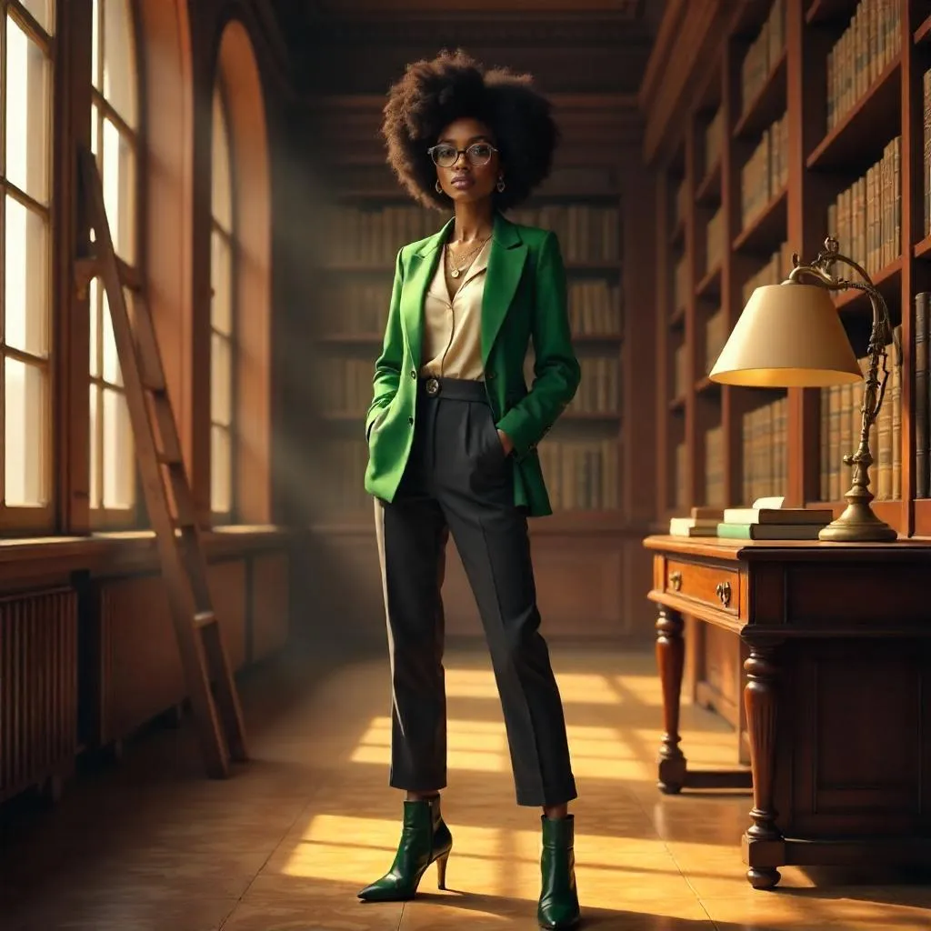 Stylish Black Girl in a Photorealistic Library Setting
