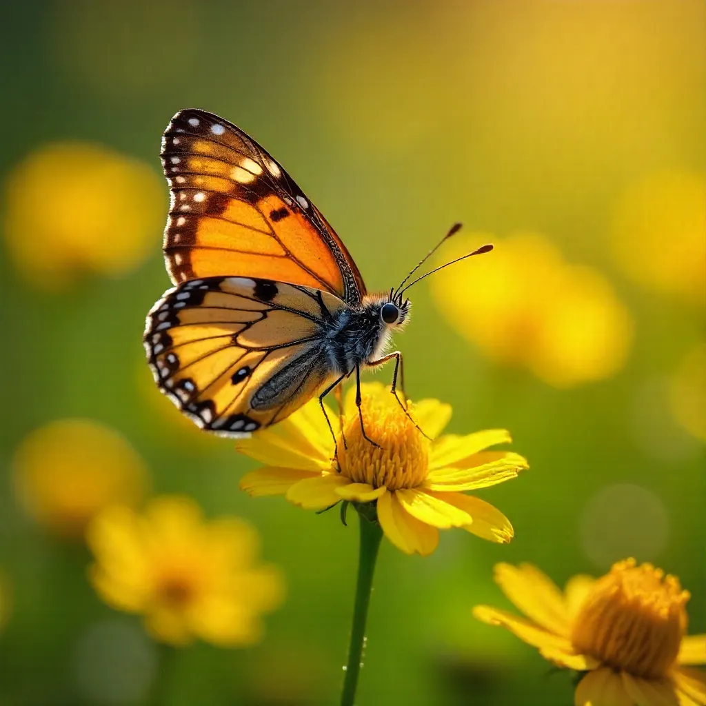 Butterfly on Yellow Wildflowers in a Sunlit Meadow