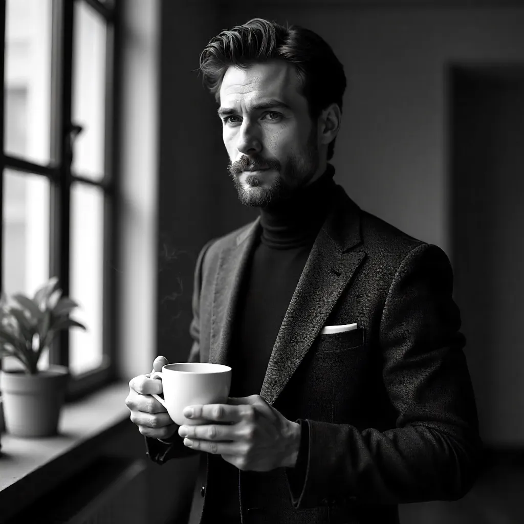 Monochrome Portrait: Stylish Man with Coffee