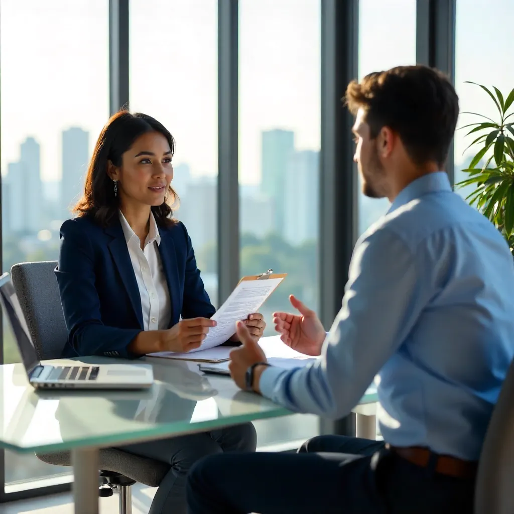 Latina Interviewer and Candidate in a Modern Office