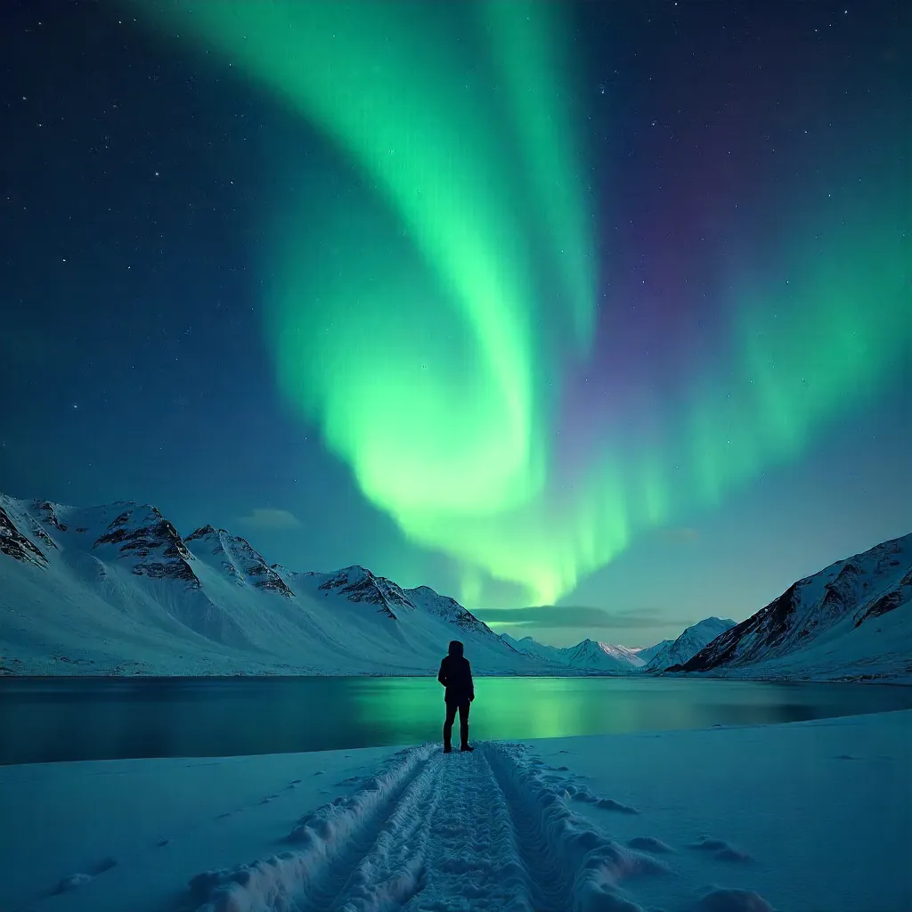 Silhouette Under the Aurora Borealis Glow