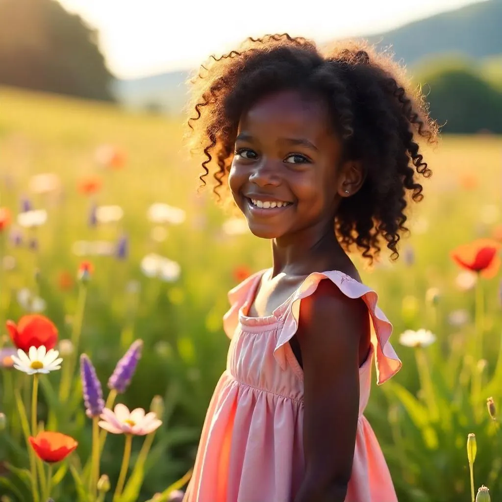 Golden Hour Portrait: Black Girl in a Field of Flowers