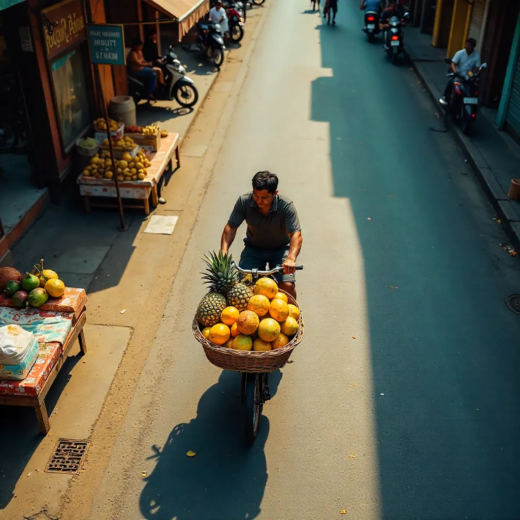 Bird's-eye View of Vietnamese Fruit Vendor on Bicycle