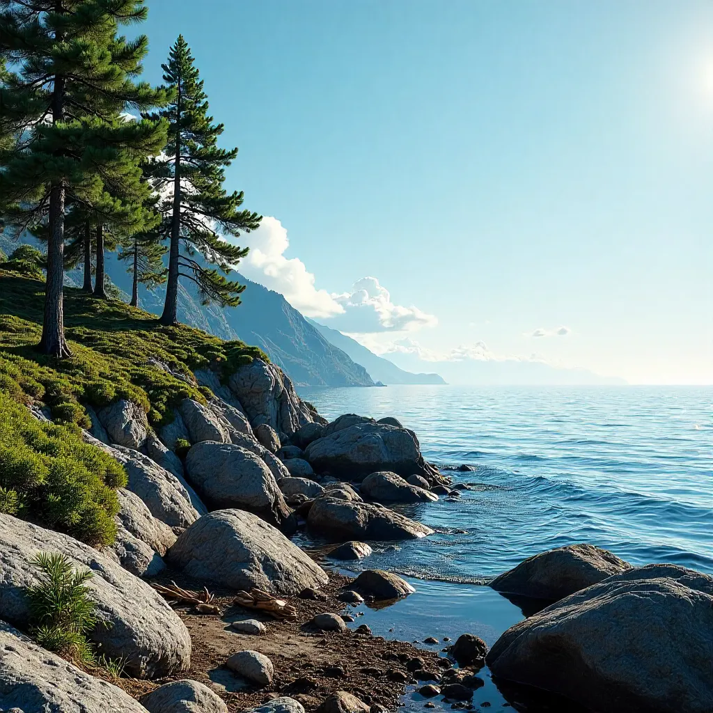Coastal Pine Forest Overlooking a Calm Sea