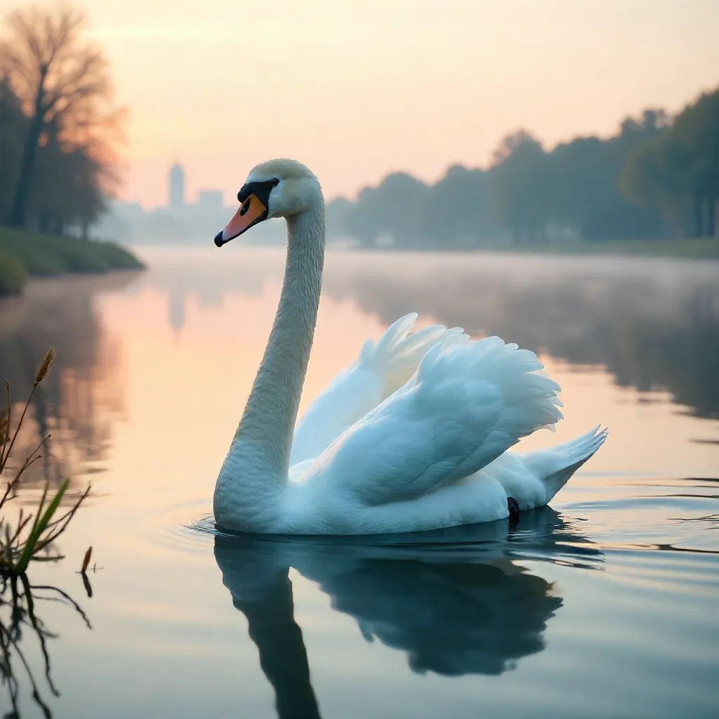 Graceful Swan Gliding on Zagreb's Lake Jarun at Dawn