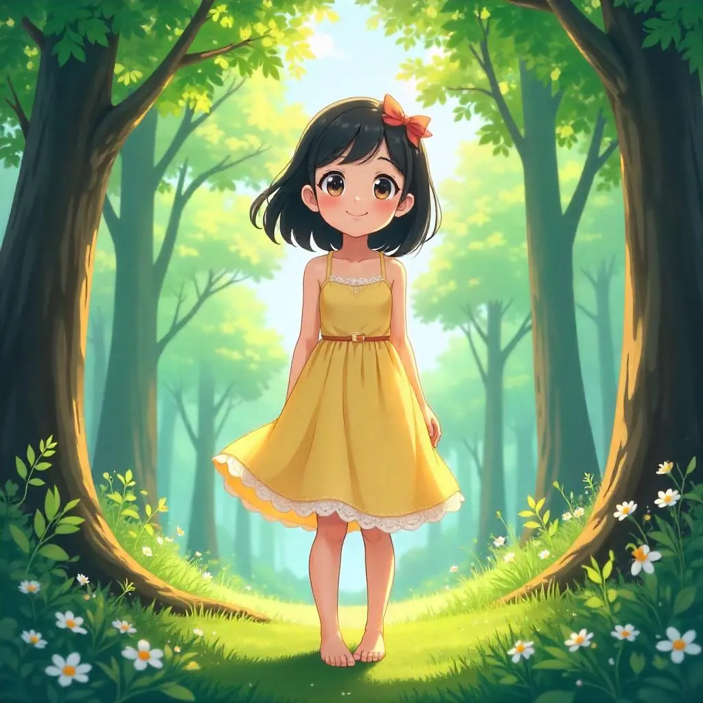 Cheerful Anime Girl in a Sunlit Forest