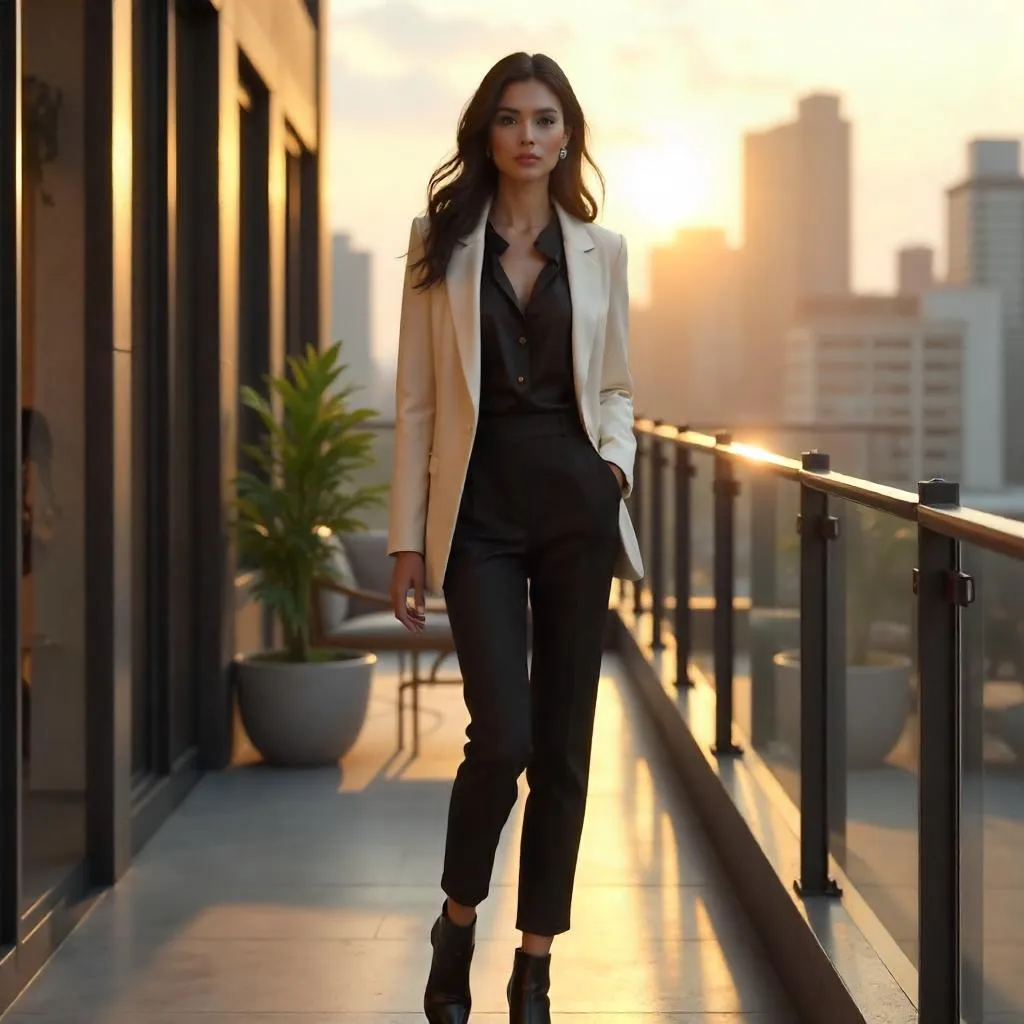 Chic Caucasian Woman on a City Balcony - 3D Render