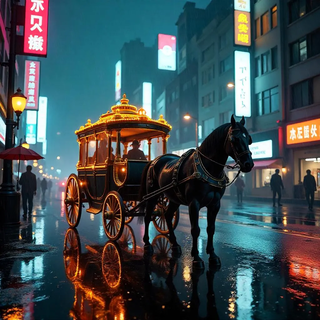 Neon Rain: The Vintage Carriage in a Cyberpunk City