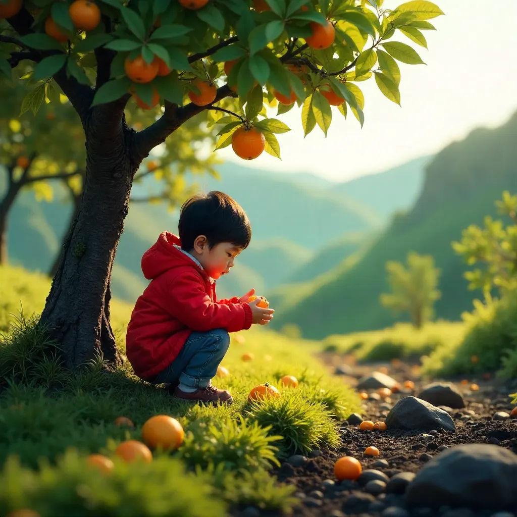 Jeju Orchard Whispers: Child in Red Jacket