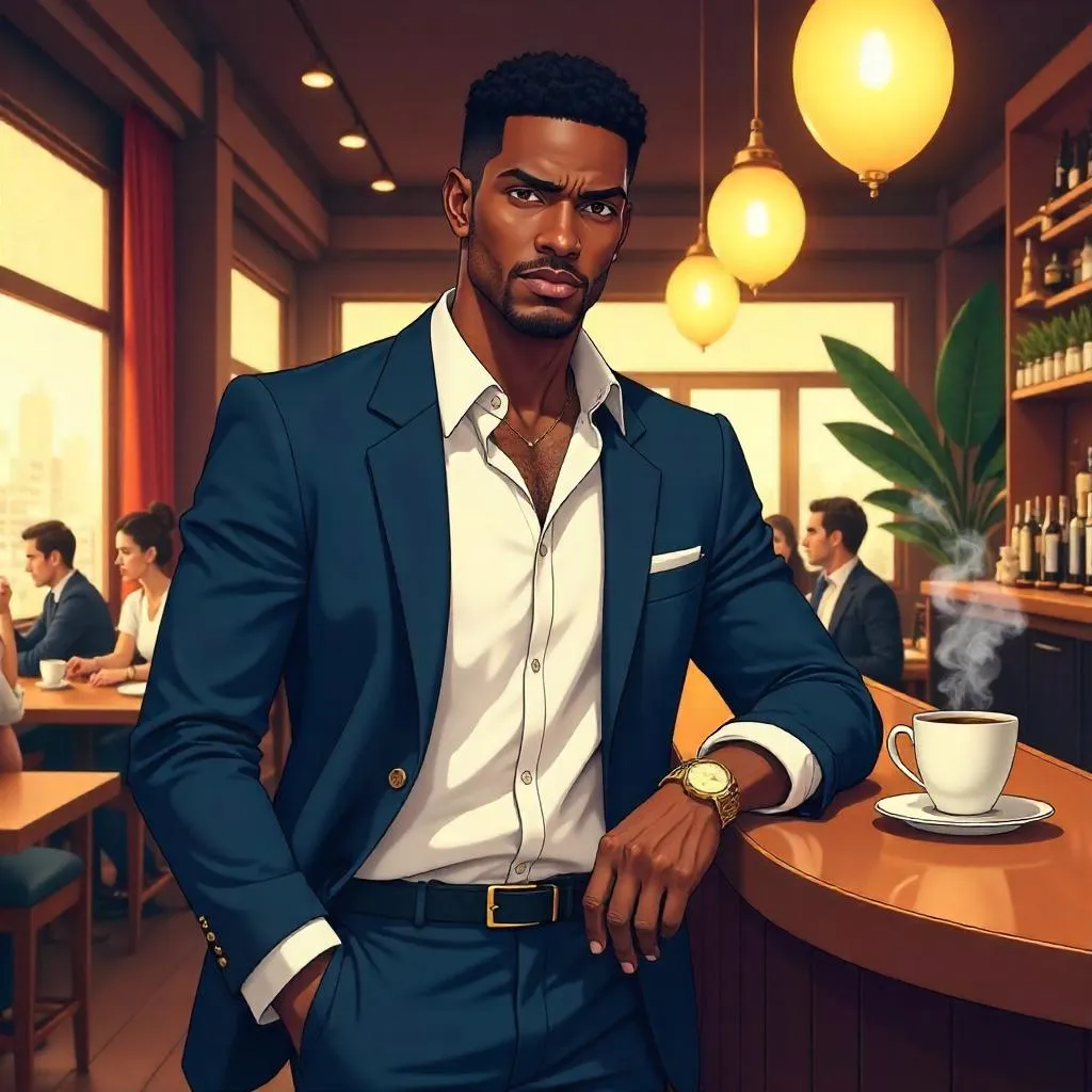 Confident Black Man in an Anime-Style Restaurant