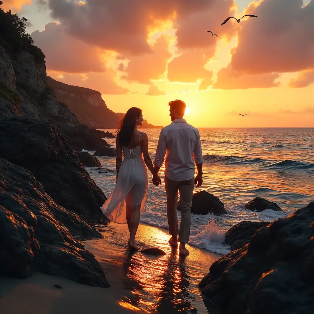Romantic Sunset Walk on Rocky Shore