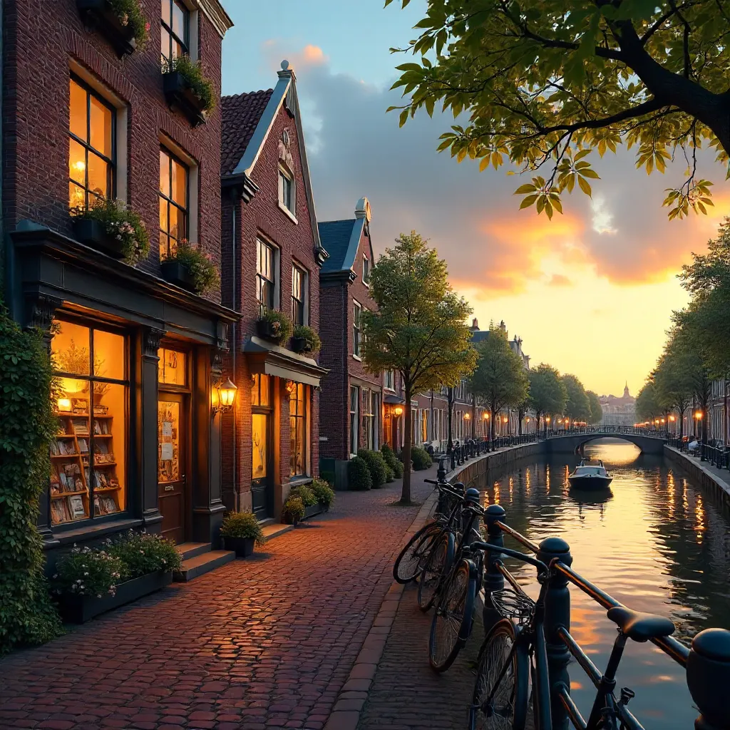Canal Street in Amsterdam: Houses and a Bookshop Glow
