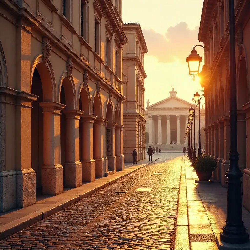 Warm-Toned Roman Architecture at Dusk with Lamps