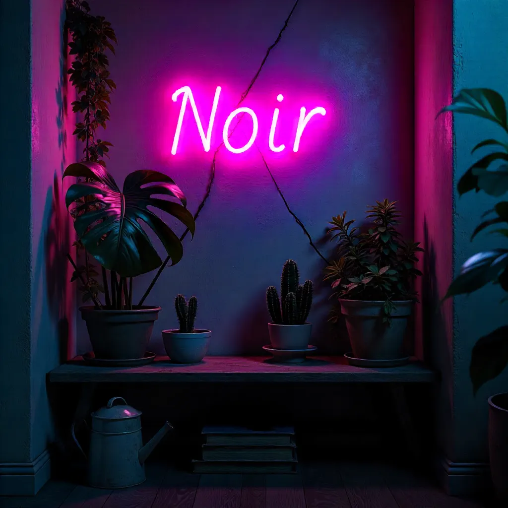 Neon NOIR in a Dark Corner with Plants