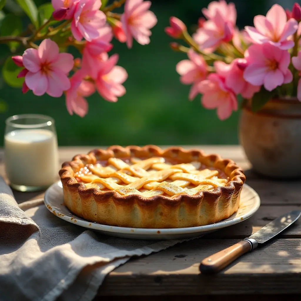 Pie on Rustic Table Amid Pink Oleander Blossoms