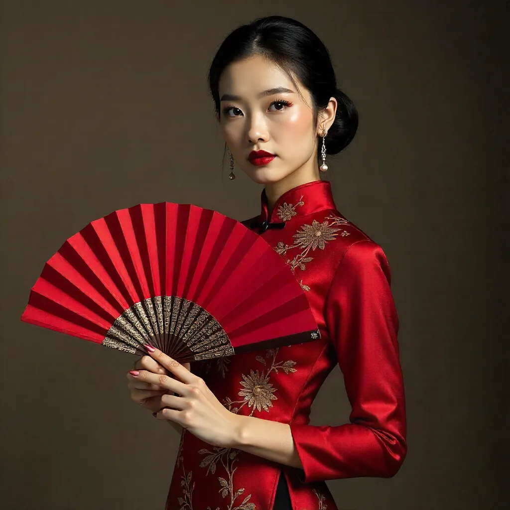 Elegant Asian Fashion Portrait with Red Fan