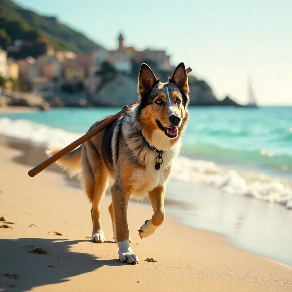 Australian Shepherd on a Sunny Italian Beach with Stick