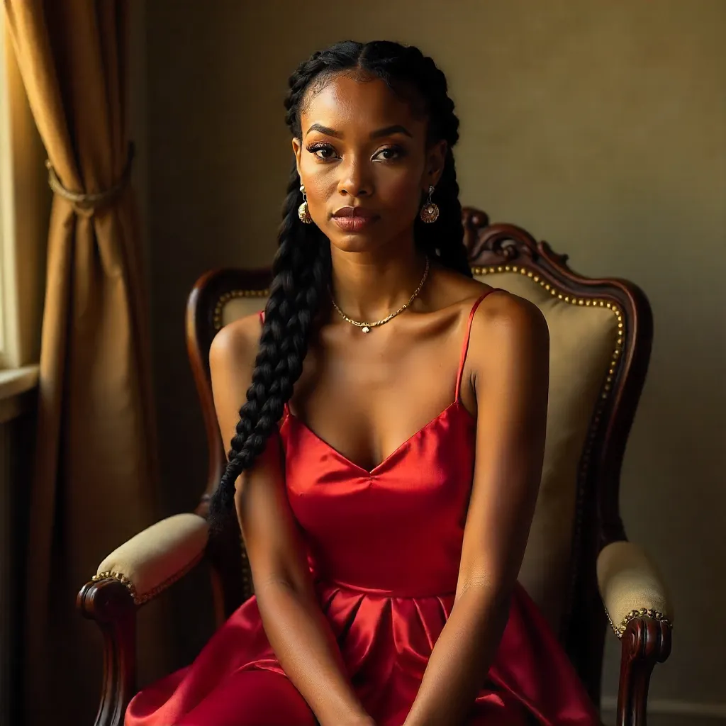 Graceful Red Dress Portrait with Long Braids