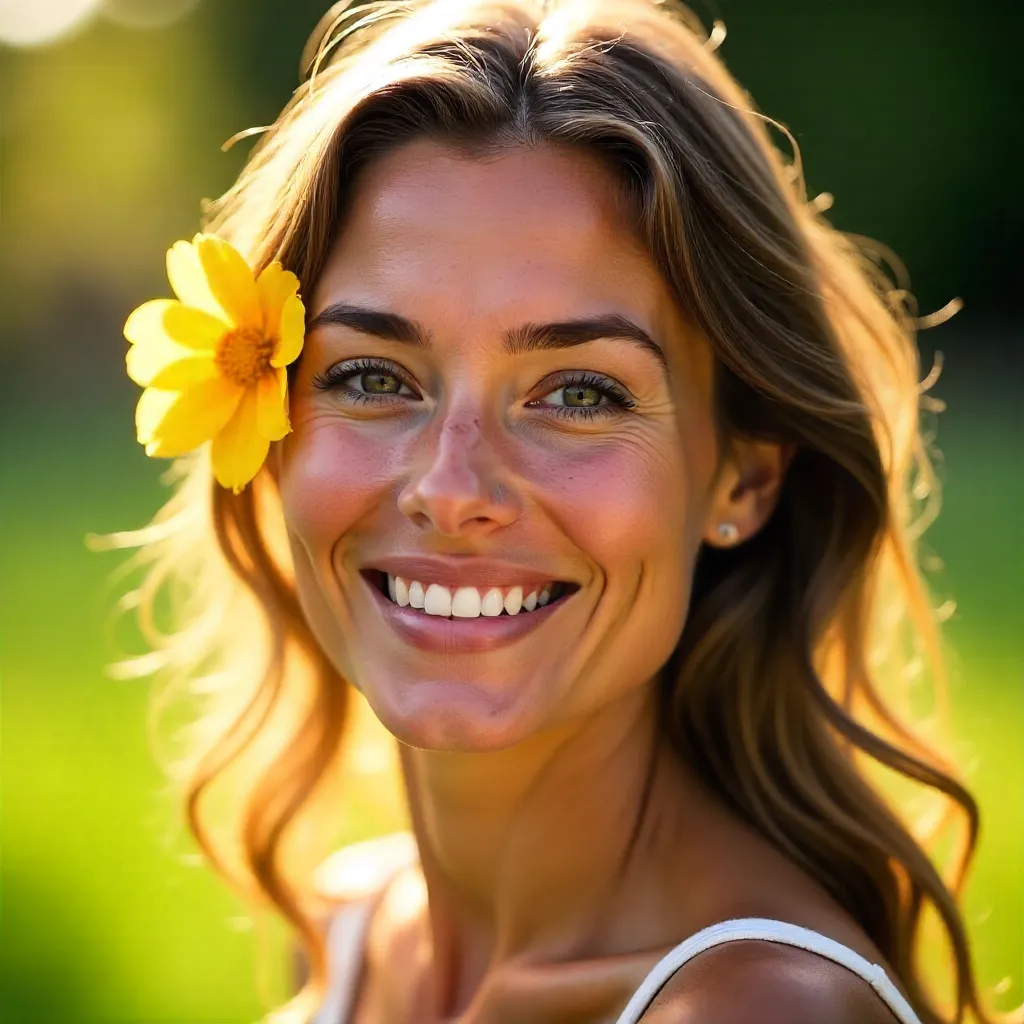 Close-Up Portrait: Smiling Woman with Yellow Flower