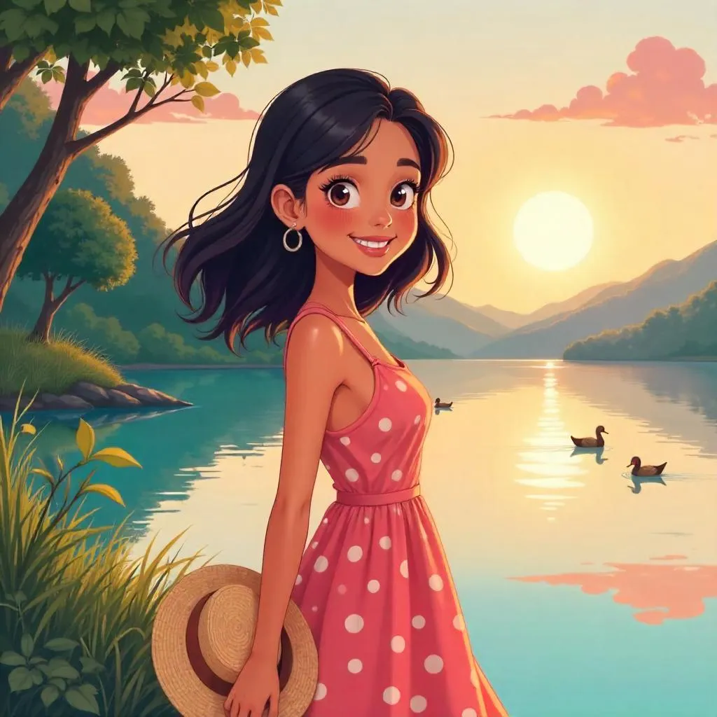 Cheerful Latina Girl by a Lake in Anime Style