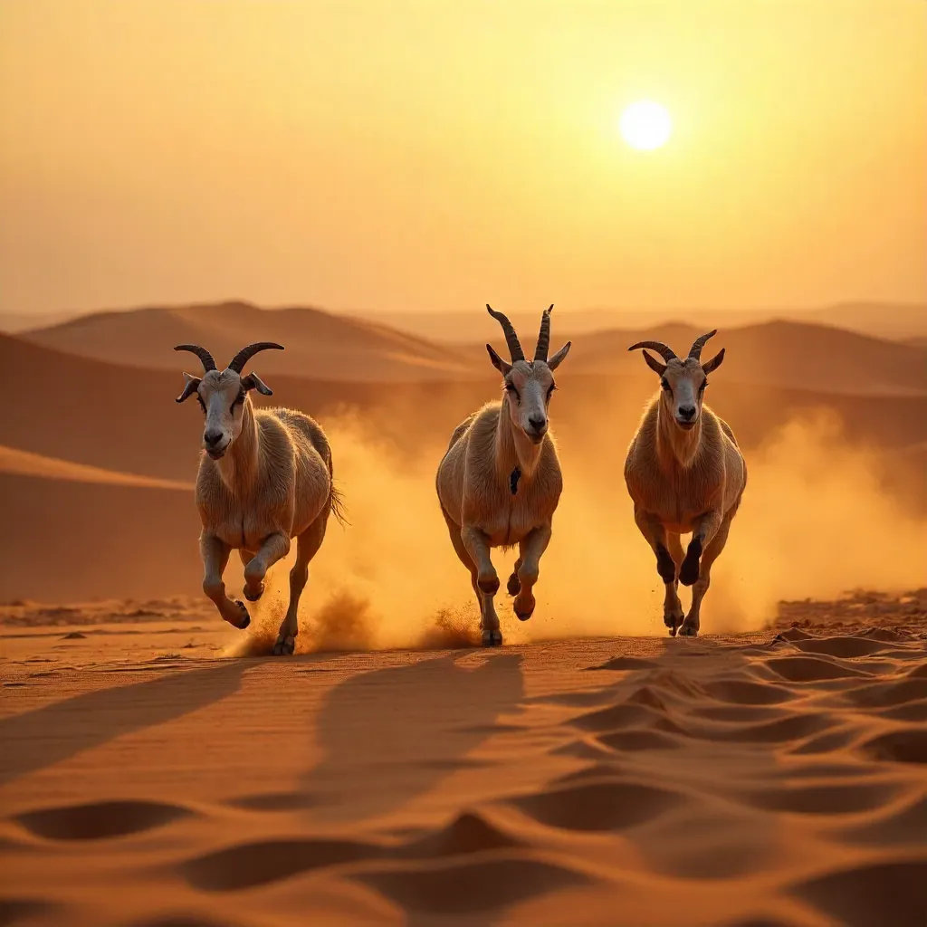 Goats Racing Across Umman Dunes at Sunrise