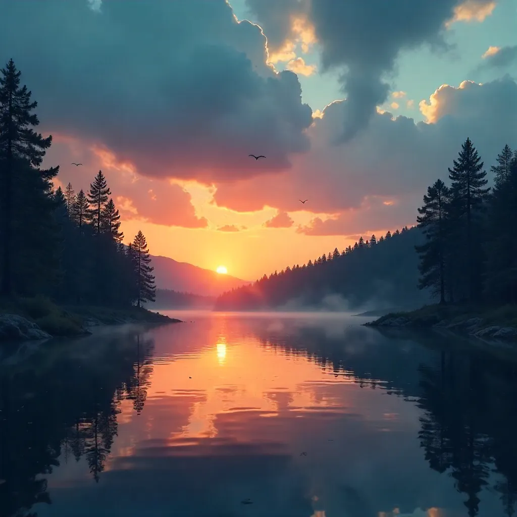 Orange and Blue Sunset over Silhouetted Pine Forest