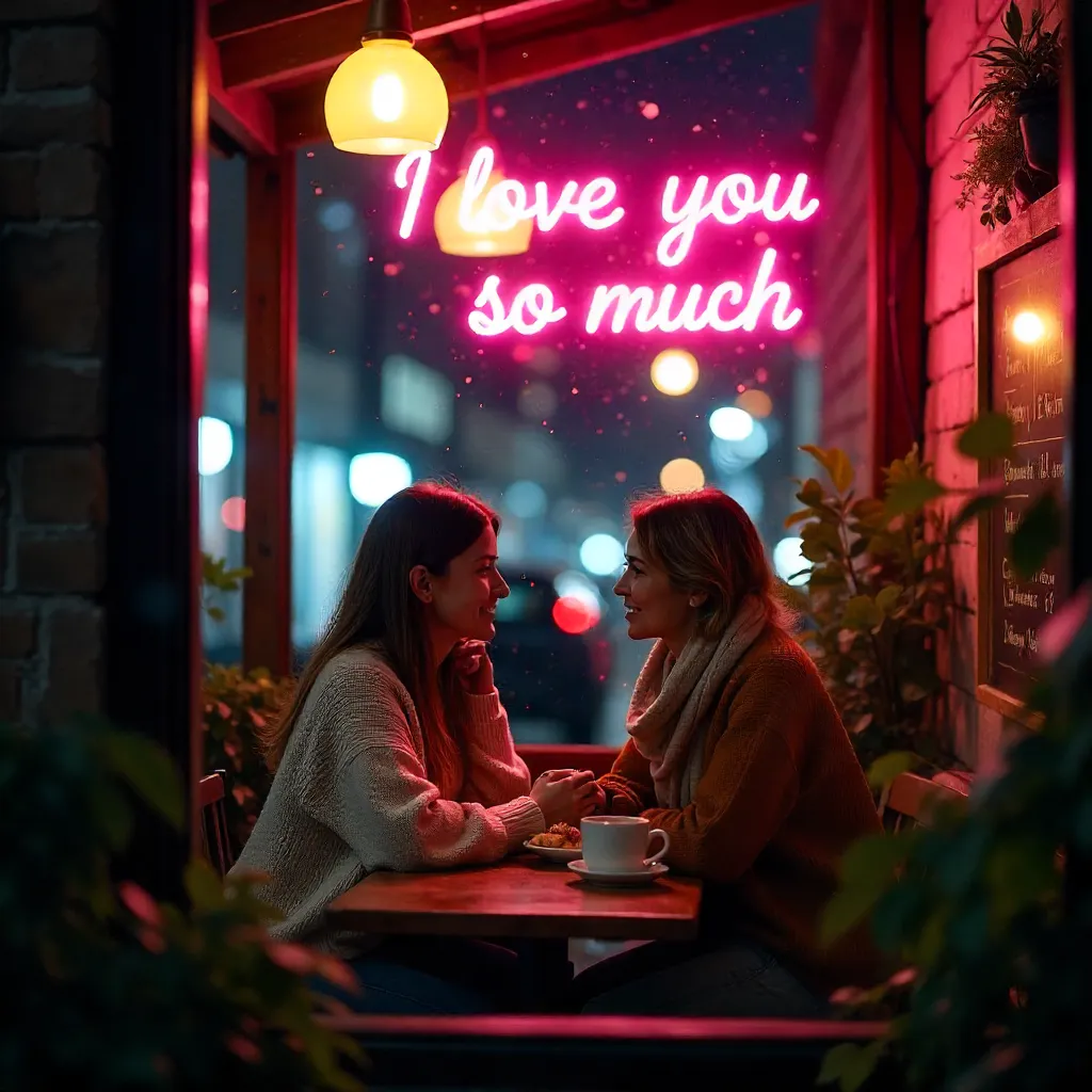 Two Women in a Cozy Café Seen Through Neon Window
