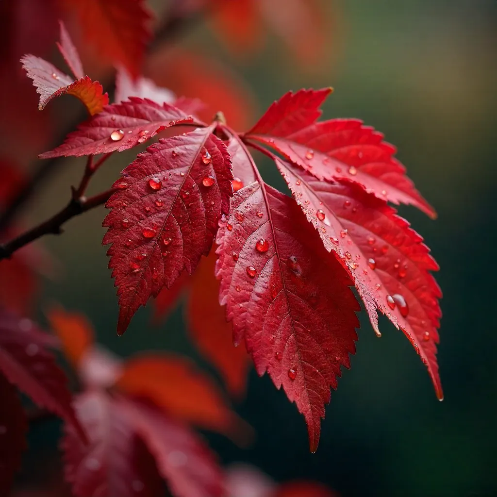 Close-Up of Vibrant Red Autumn Leaves with Rain