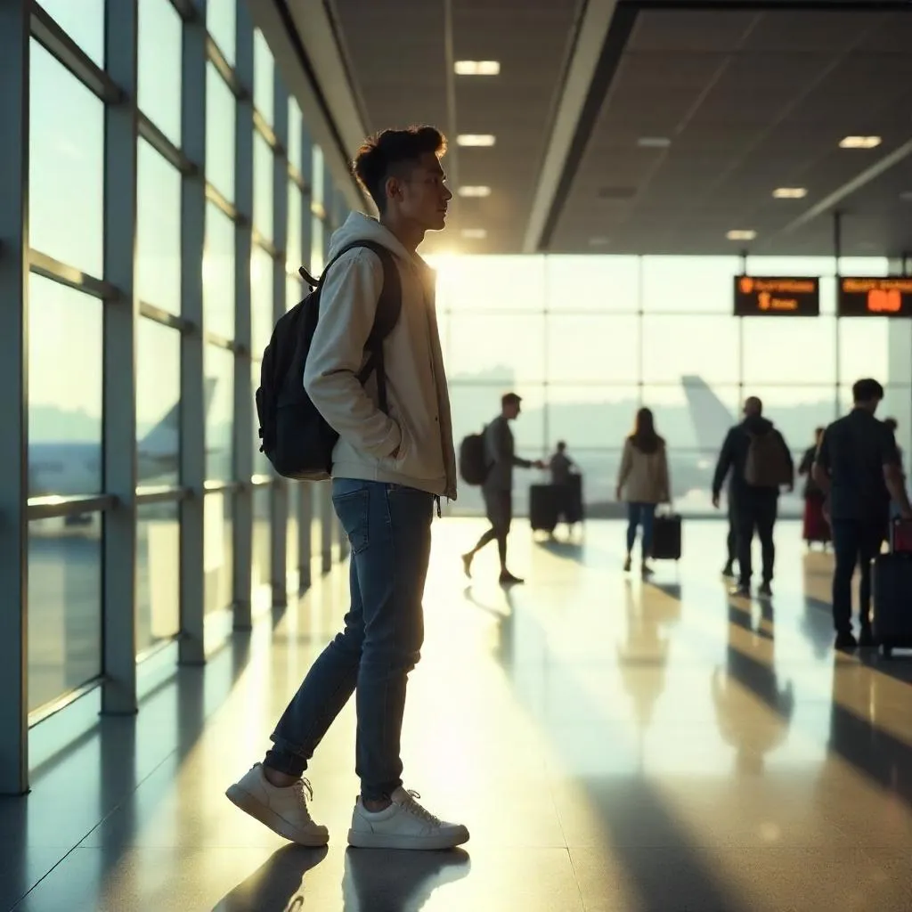 Photorealistic Young Asian Man in a Busy Airport Terminal