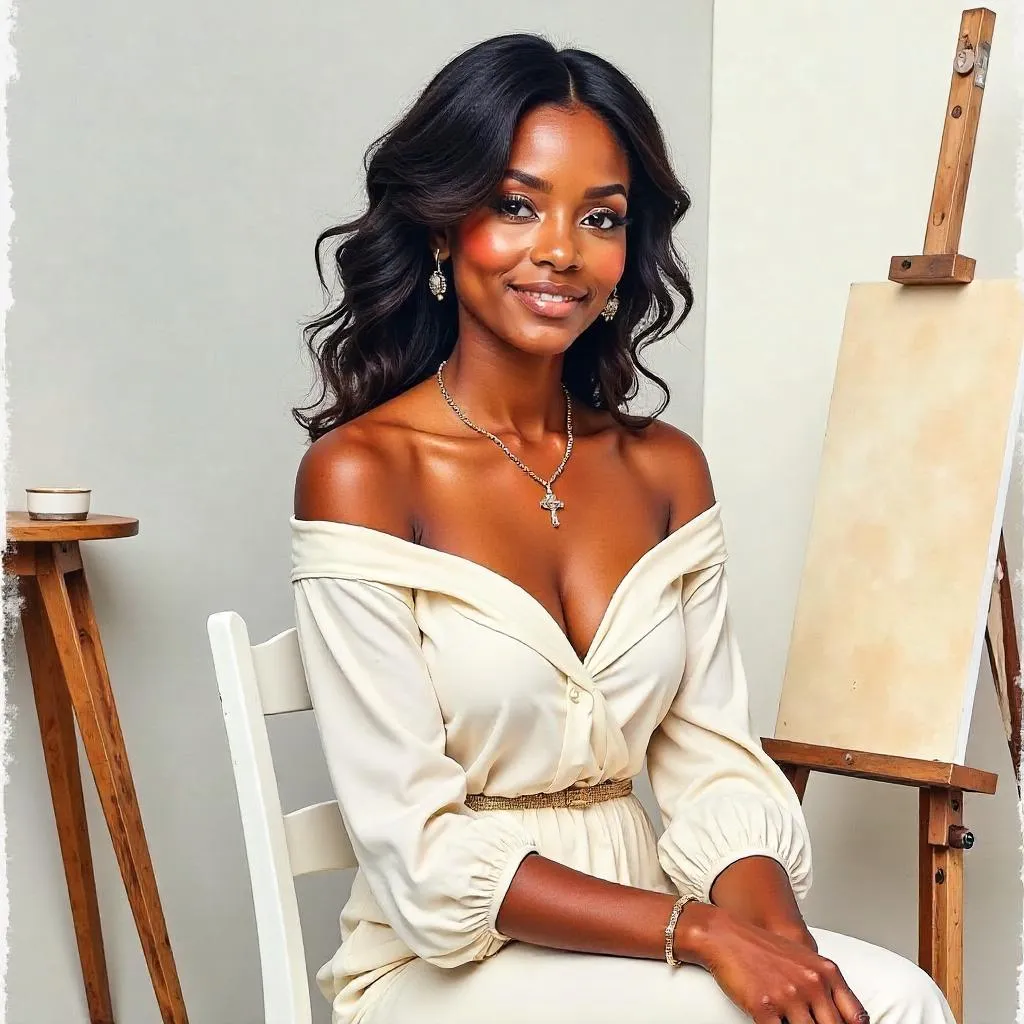 Elegant Black Woman in Watercolor Studio
