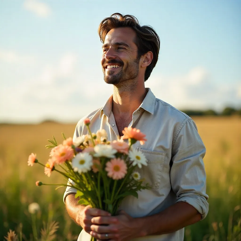 Calm Outdoor Portrait: Man with Flowers Under a Blue Sky