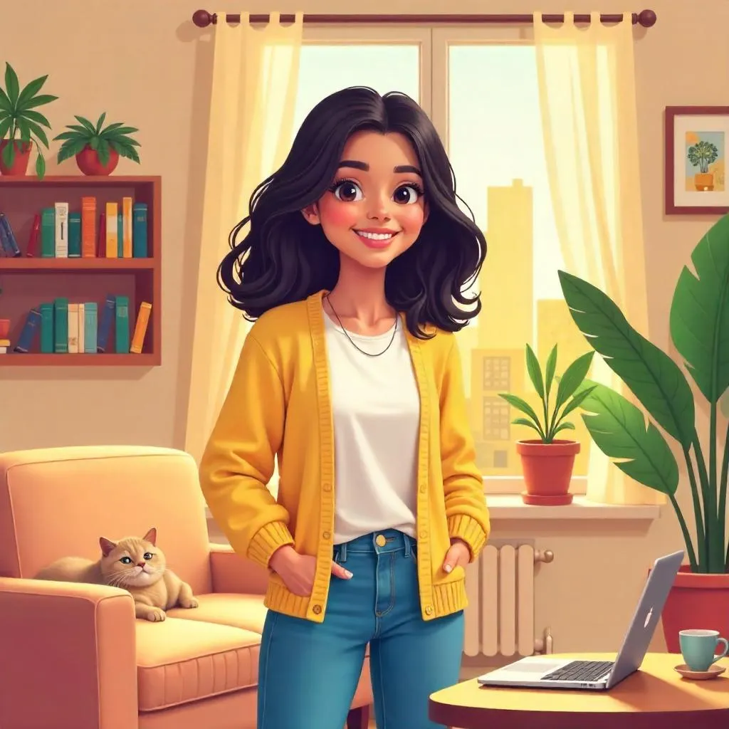 Latina Woman in a Sunny Cartoon Apartment