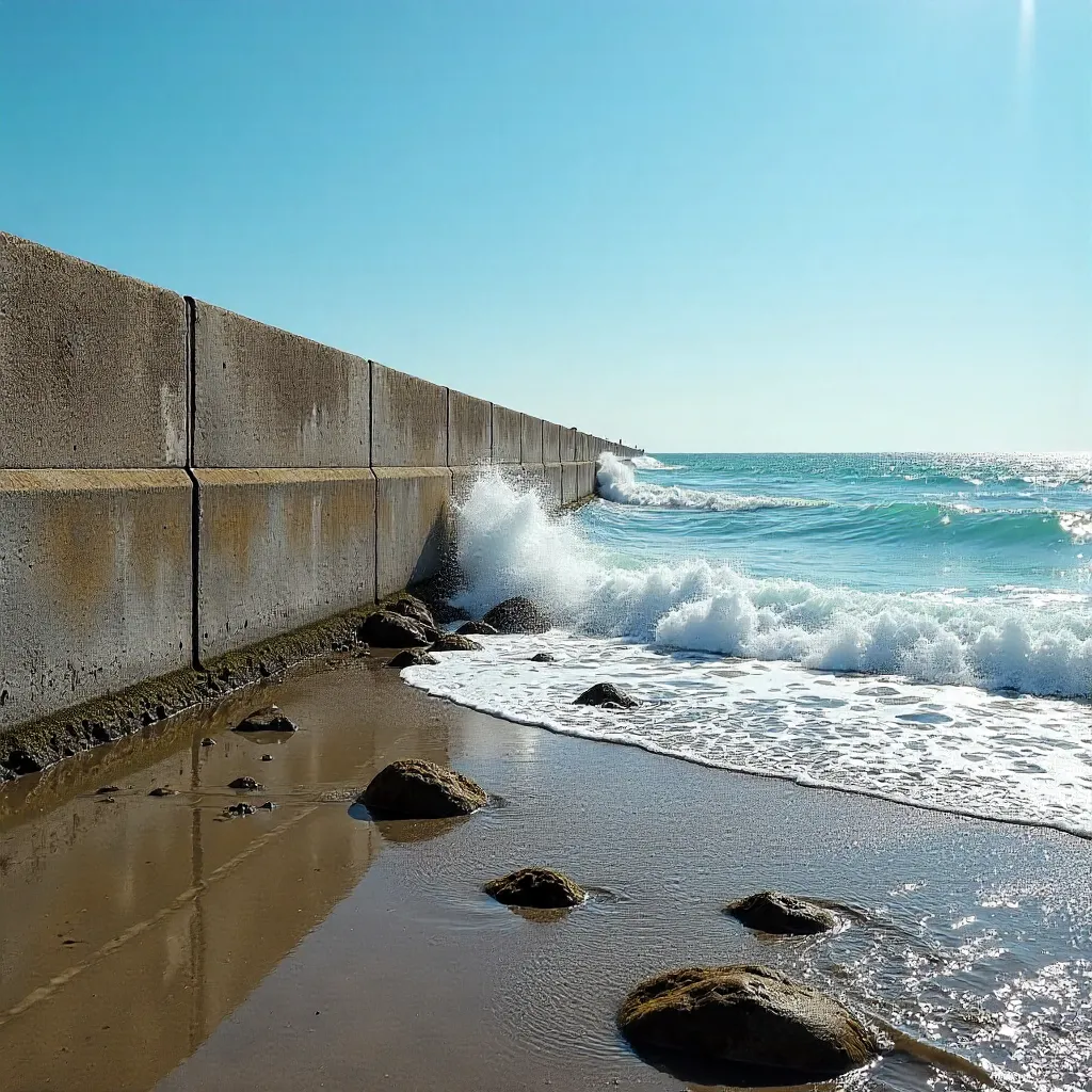 Sunlit Concrete Breakwaters on a Splashy Beach
