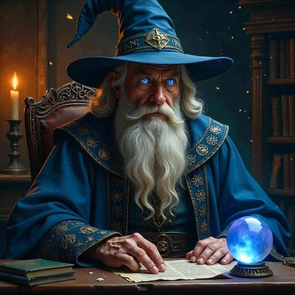 Wise Old Wizard Portrait in Moonlit Study