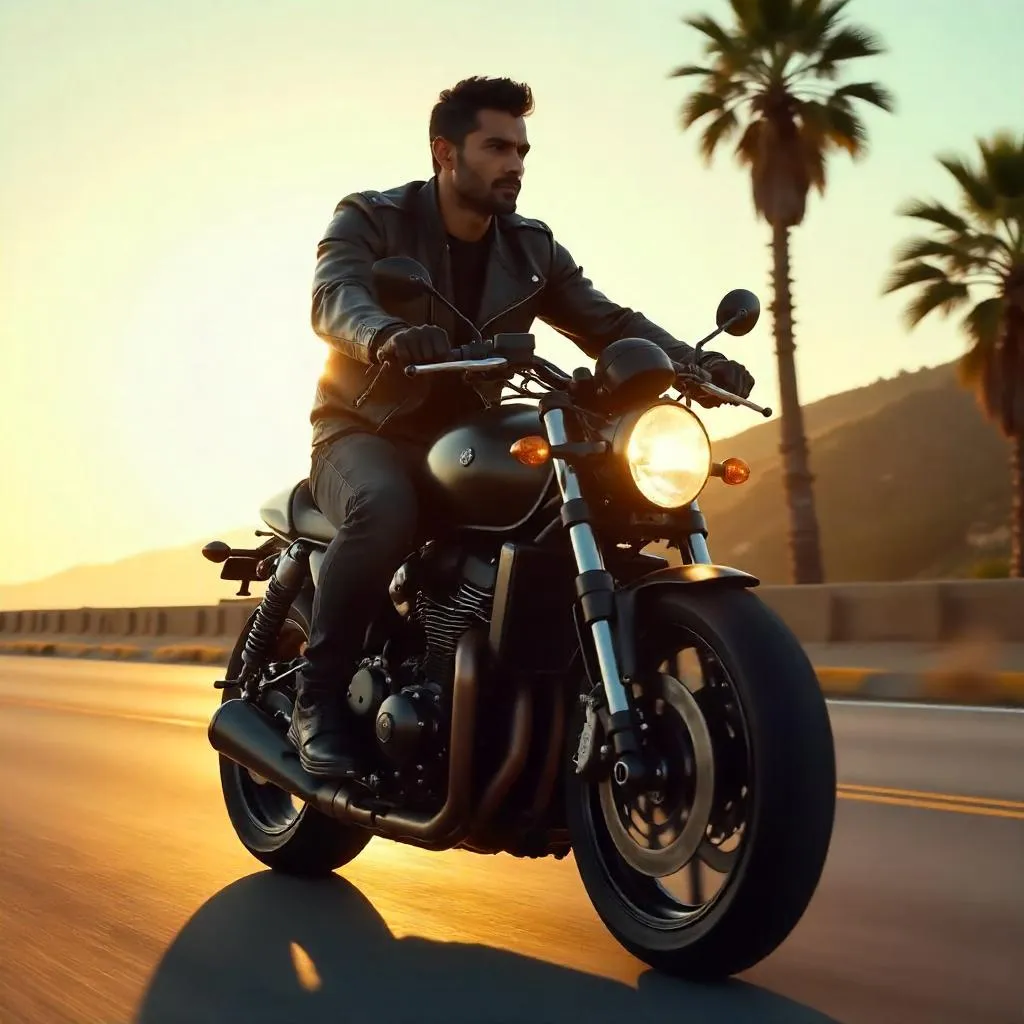 Golden Hour Ride: Handsome Indian Man on a Motorcycle