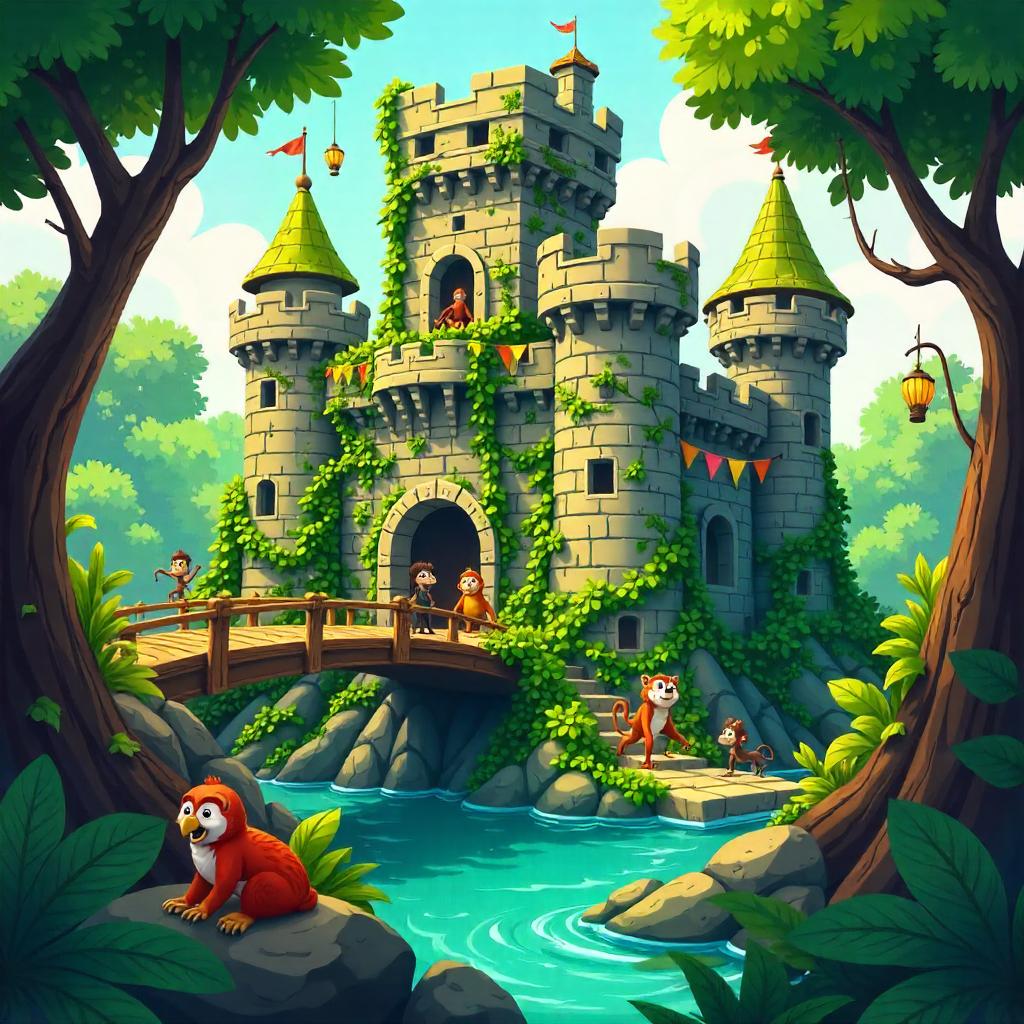 Cartoon Jungle Fortress: Playful Vines and Turrets