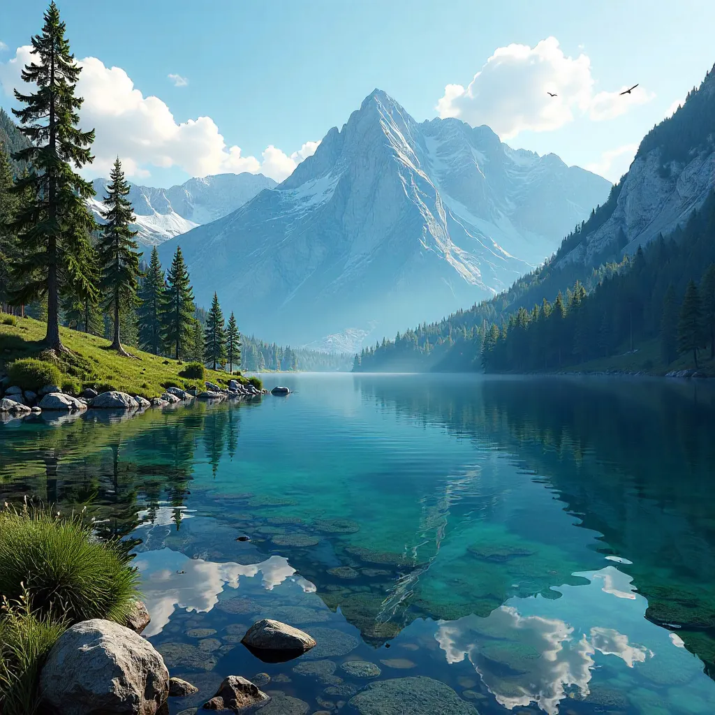 Tranquil Alpine Lake in Forested Mountain Valley