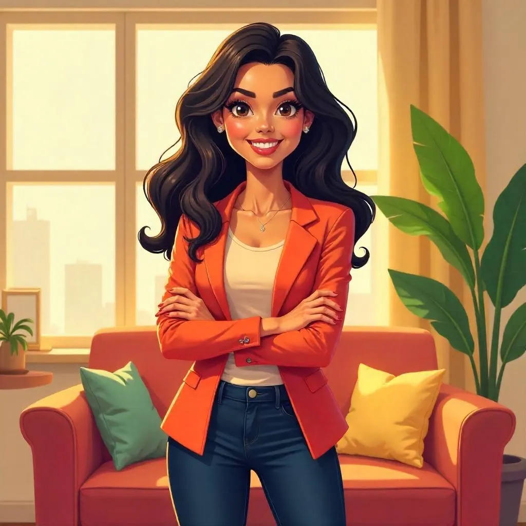 Confident Latina Cartoon Woman at Home