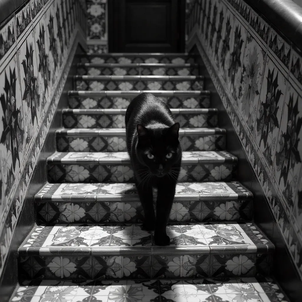 Black Cat on Geometric Stairs in Istanbul (Monochrome)