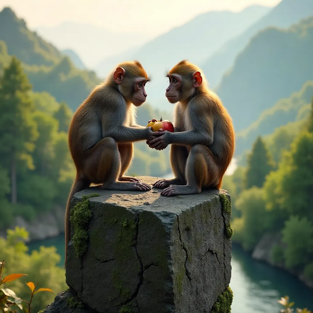 Three Monkeys on a Stone Pillar in a Tranquil Wilderness