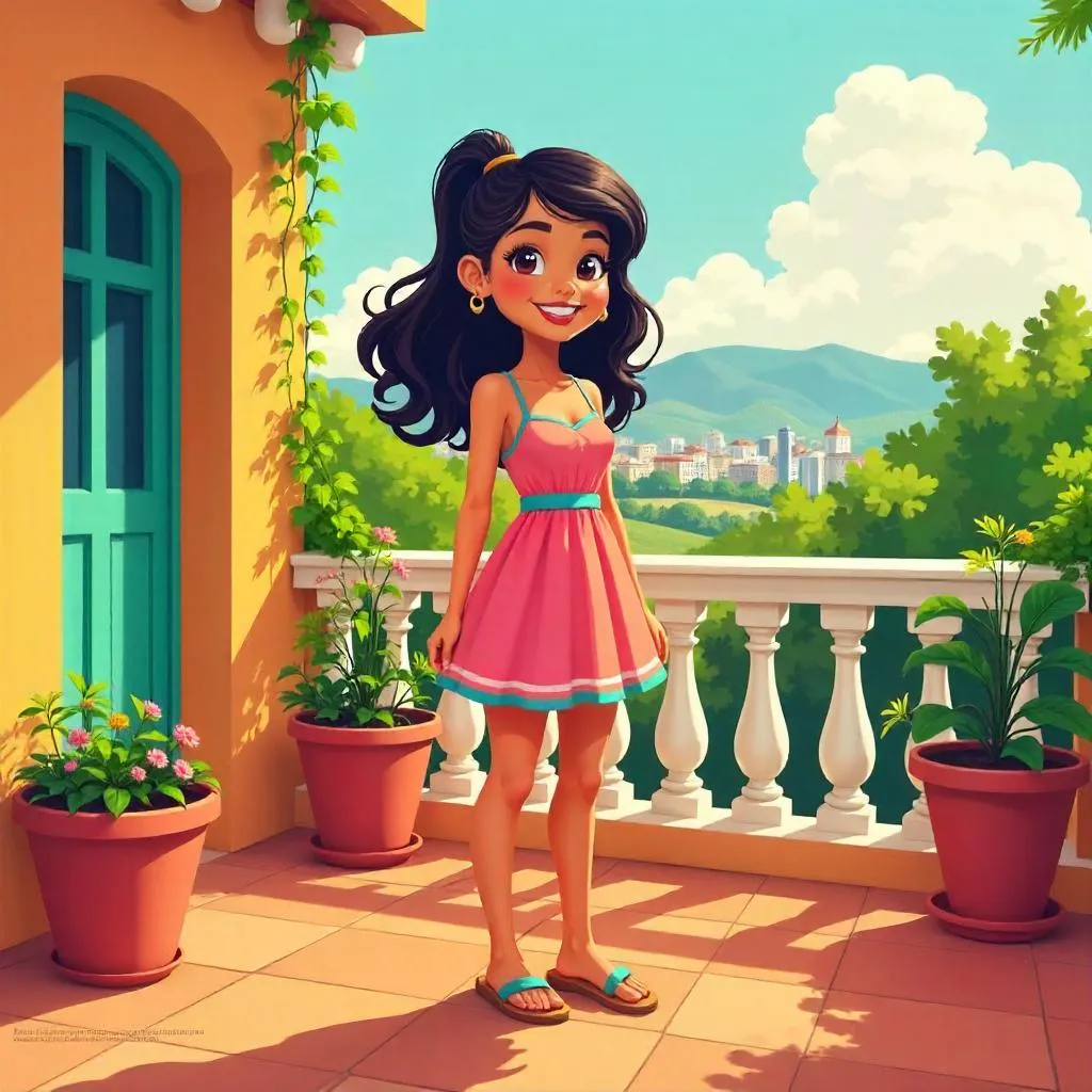 Cheerful Latina on a Sunny Terrace — Cartoon Style