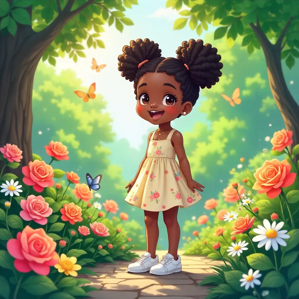 Cheerful Black Girl in a Sunny Anime Garden