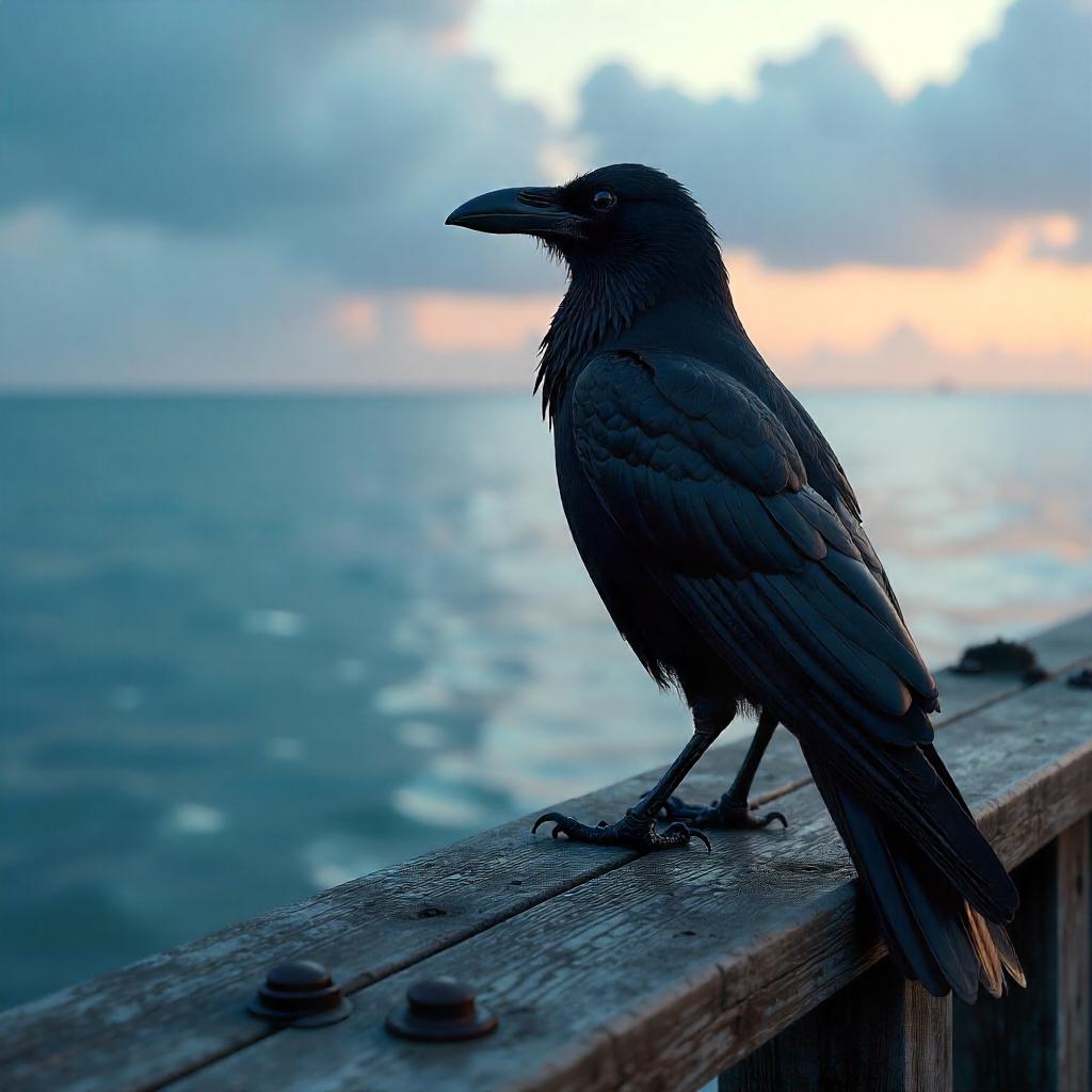 Raven on a Weathered Pier — 3D Render