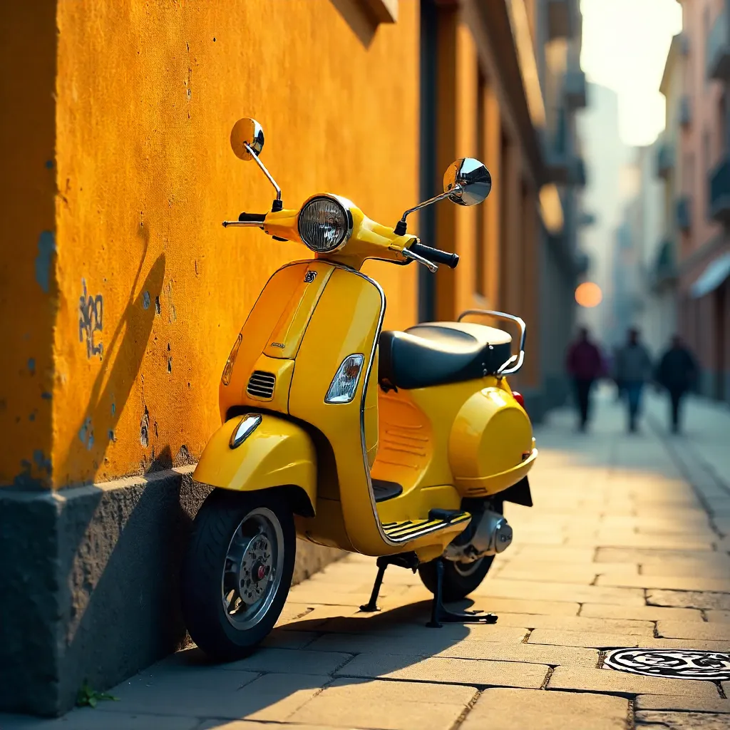 Yellow Scooter by a Vivid Orange City Wall