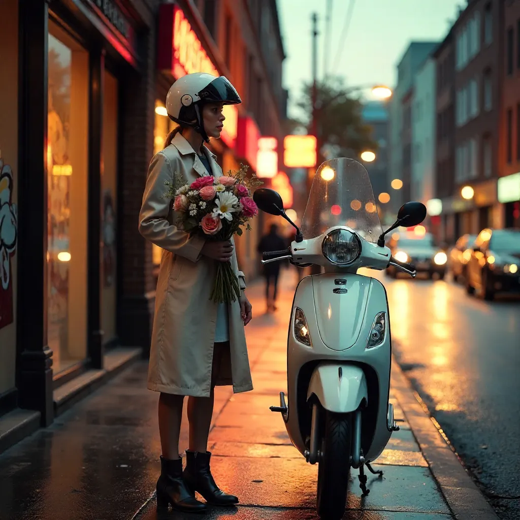 Urban Street Grace: Woman with Helmet and Flowers