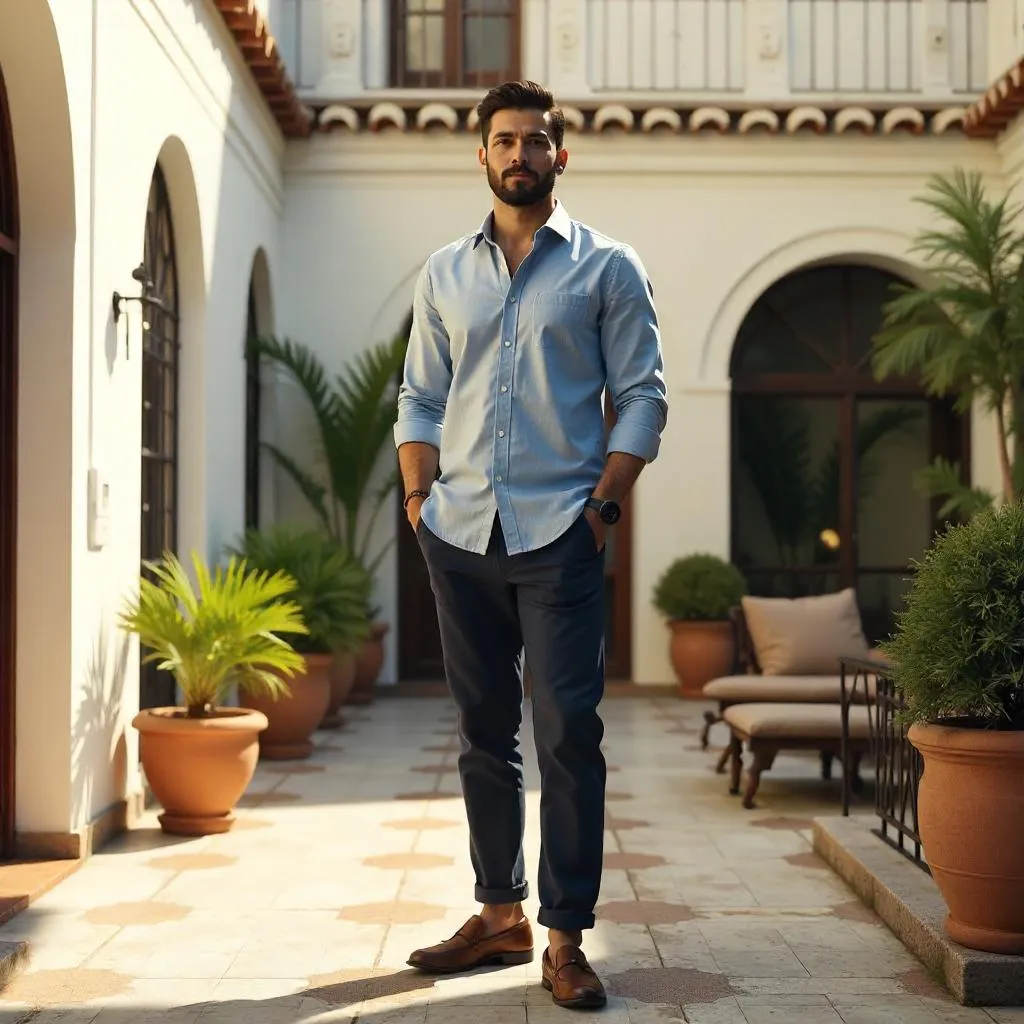 Confident Latino Man in a Sunlit Courtyard