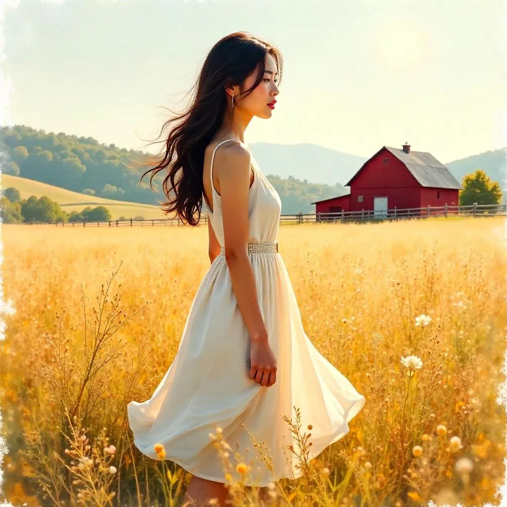 Watercolor Portrait of an Asian Woman on a Farm