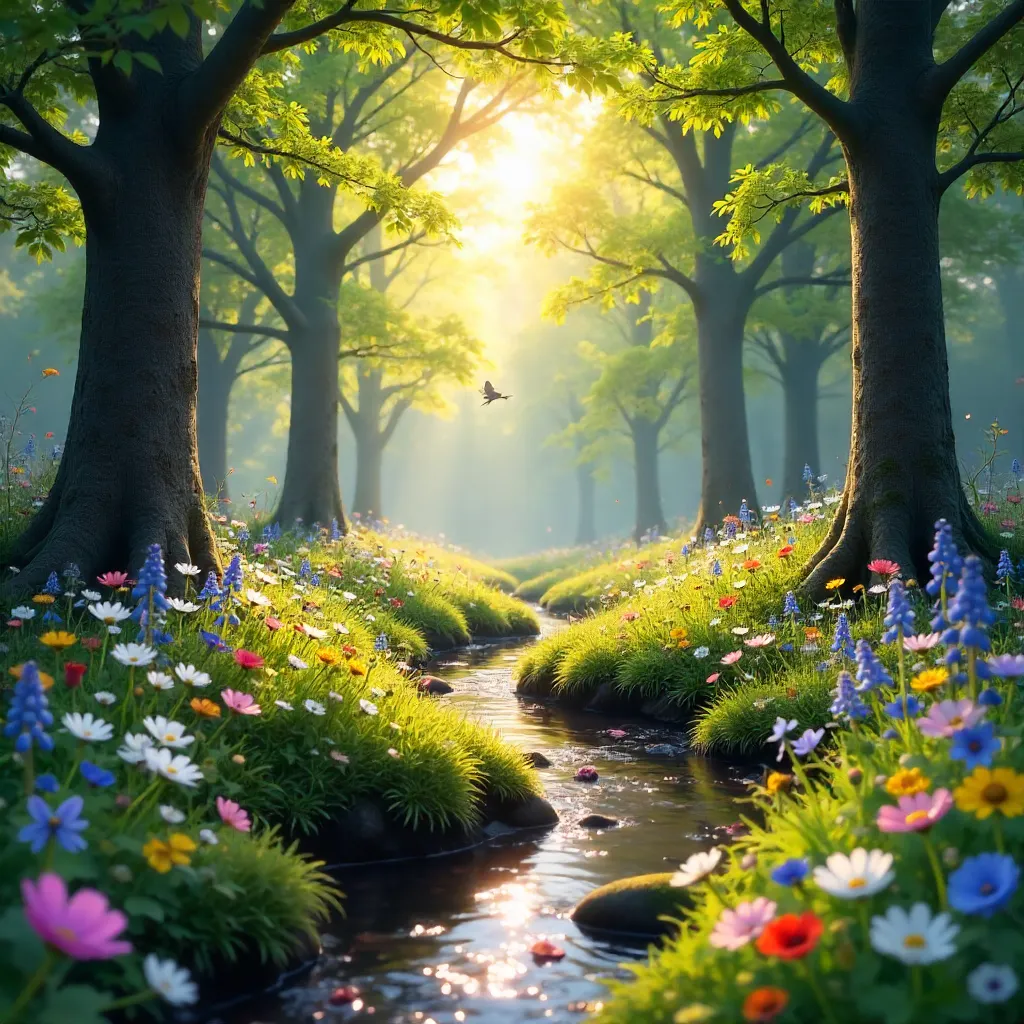 Peaceful Spring Forest with Blooming Wildflowers