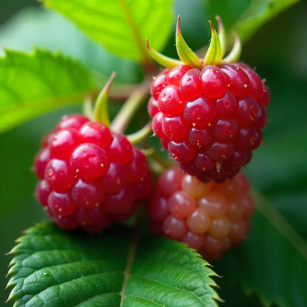 Macro close-up: Ripe and unripe raspberries among emerald leaves